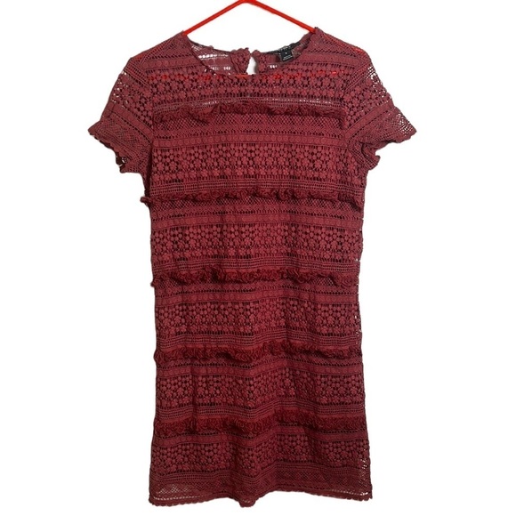Anthropologie Zero to Sky Fringed Lace Boho Burgundy Tunic Dress Size Small - Picture 2 of 13